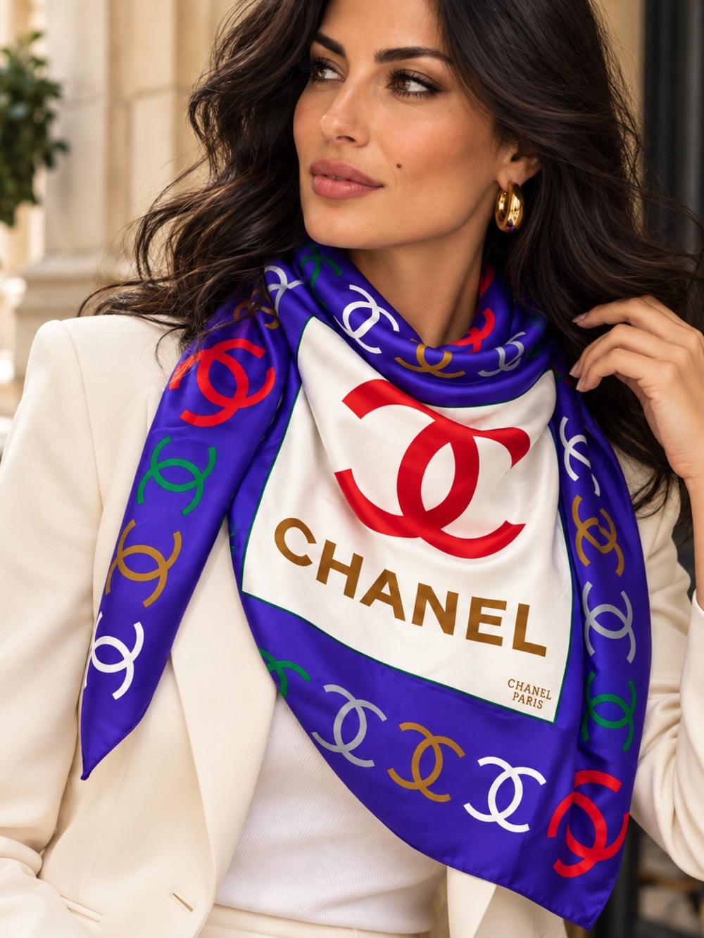 CHANEL Vintage Indigo Silk Scarf with Red Large CC Motif Logo & Multicolor CC